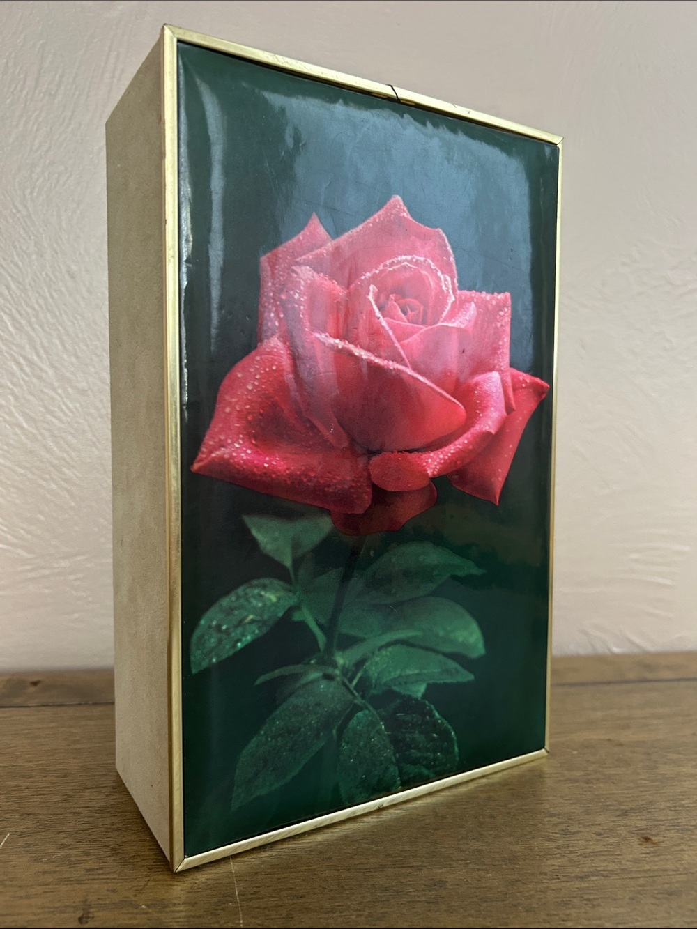 Vintage Italian Velvet Padded Keepsake Box. Red Rose Framed In Gold Color Trim.